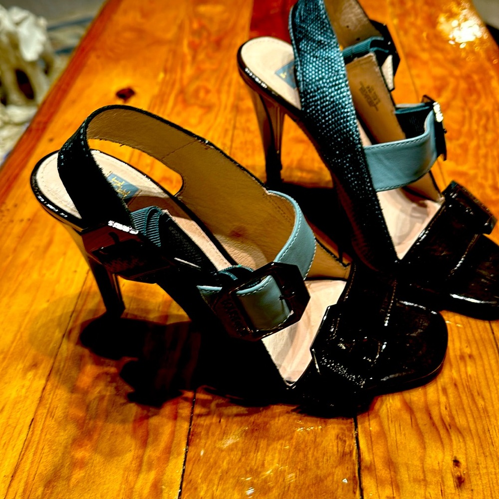 LOUISEetCIE beautiful metallic teal and paten brown stiletto heels